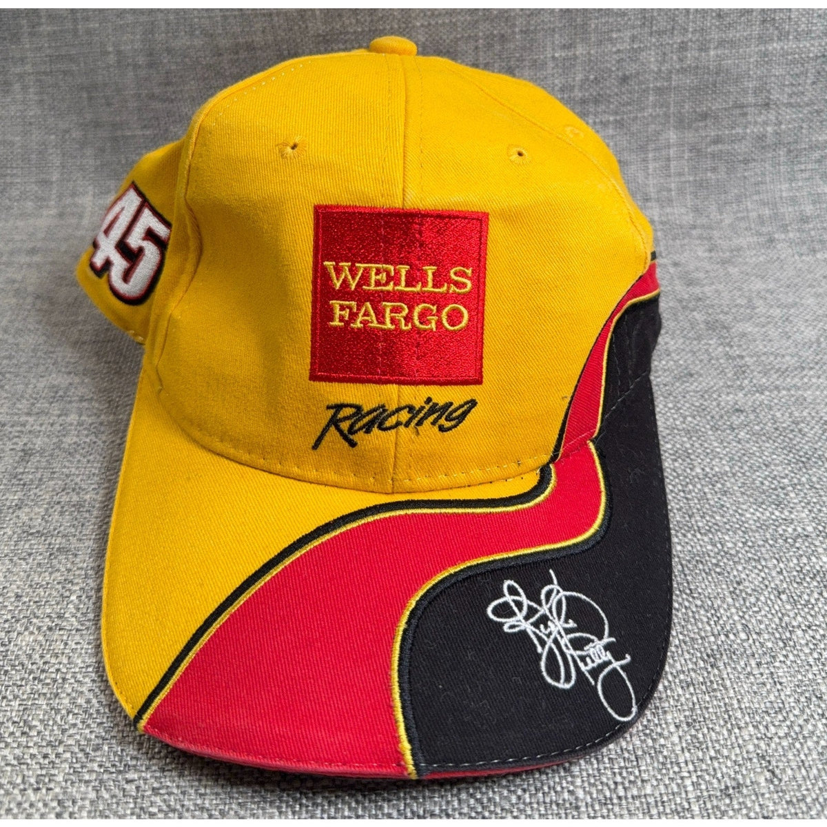 Second Half Supply Co, LLC vintage yellow NASCAR hat with Wells Fargo Racing logo and Kyle Petty signature on bill