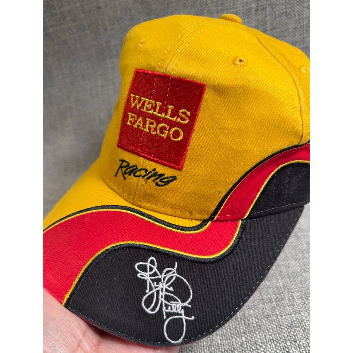 Second Half Supply Co, LLC vintage yellow NASCAR hat with Wells Fargo Racing logo and Kyle Petty signature embroidery