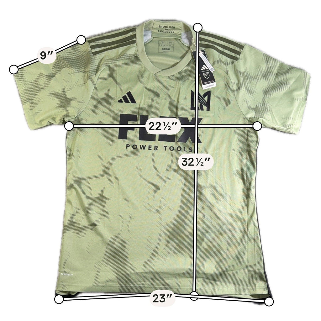 Second Half Supply Co, LLC Adidas LAFC 2023 Smokescreen away soccer jersey in green with black details and measurements.