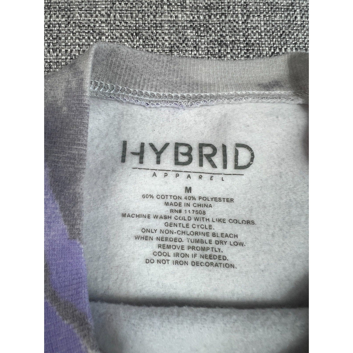 Second Half Supply Co, LLC Los Angeles Lakers sweatshirt interior neck label showing Hybrid Apparel branding