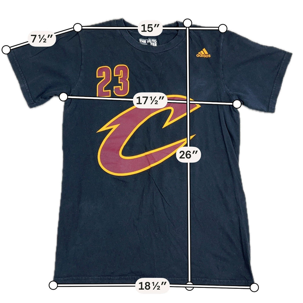 Second Half Supply Co, LLC black Adidas LeBron James Cleveland Cavaliers basketball t-shirt with measurements overlay