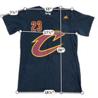 Second Half Supply Co, LLC black Adidas LeBron James Cleveland Cavaliers basketball t-shirt with measurements overlay