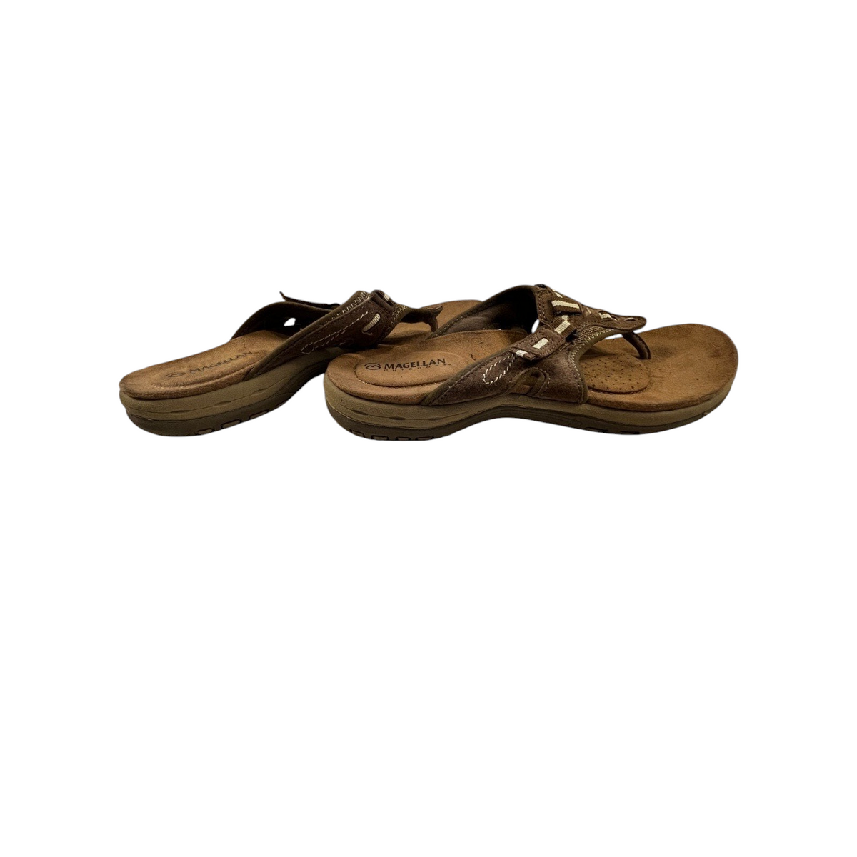 Second Half Supply Co, LLC Magellan Outdoors brown thong sandals with cushioned footbeds and adjustable straps.