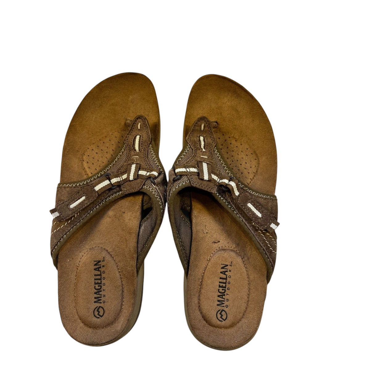 Second Half Supply Co, LLC Magellan Outdoors brown thong sandals with adjustable hook-and-loop straps and comfort footbed