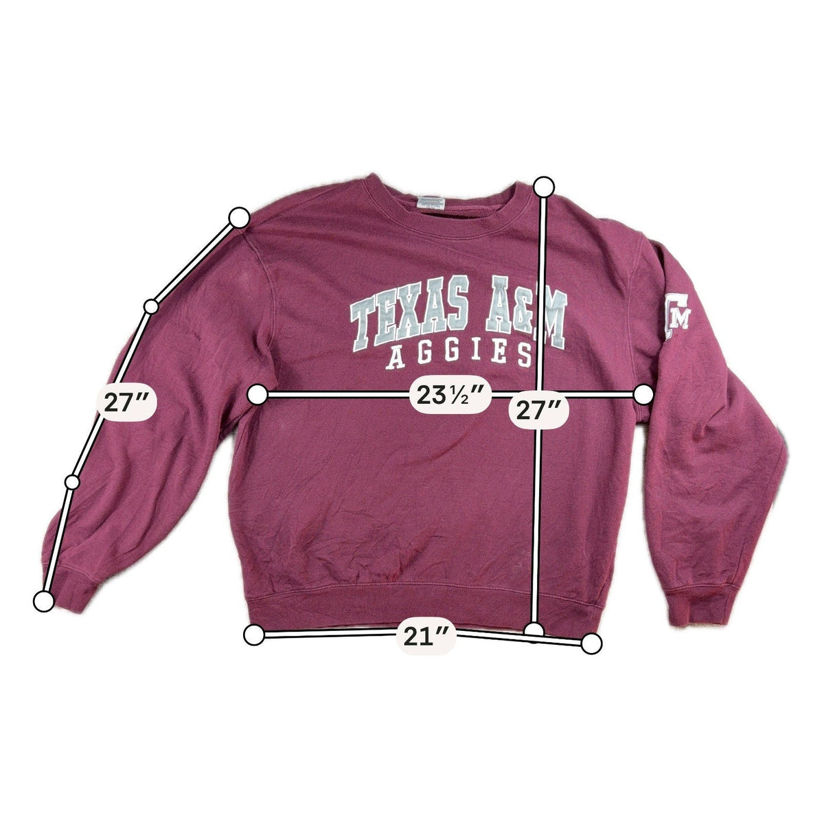 Second Half Supply Co, LLC maroon Texas A&M Aggies crewneck sweatshirt with embroidered lettering and size measurements