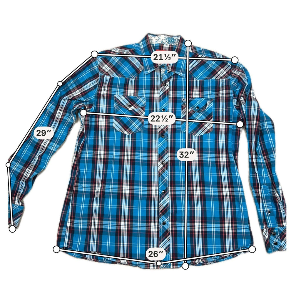 Second Half Supply Co, LLC blue plaid Western shirt with paisley trim, snap buttons, and chest pockets.