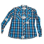 Second Half Supply Co, LLC blue plaid Western shirt with paisley trim, snap buttons, and chest pockets.