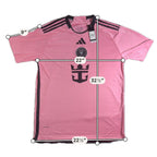 Second Half Supply Co, LLC pink Adidas Inter Miami CF Messi 2024 home soccer jersey with measurements overlay