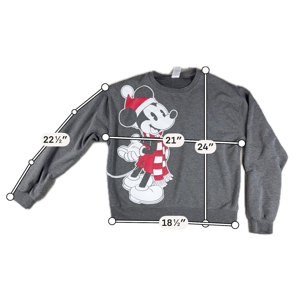 Second Half Supply Co, LLC gray Mickey Mouse Christmas sweatshirt with Santa hat and scarf graphic and measurements
