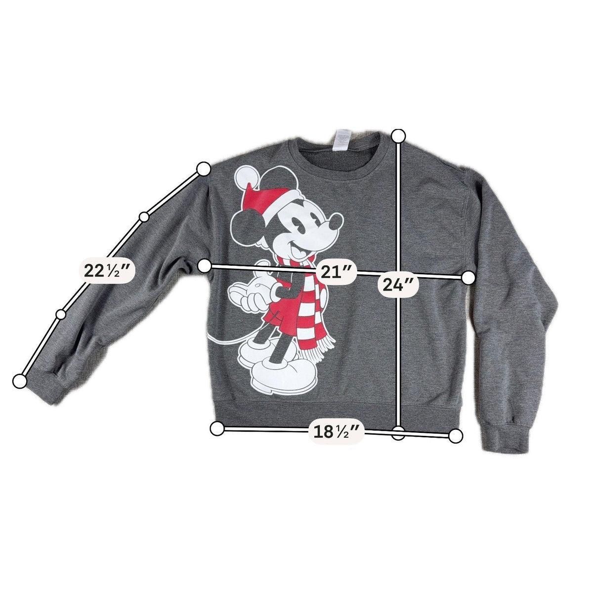 Second Half Supply Co, LLC gray Mickey Mouse Christmas sweatshirt with Santa hat and scarf graphic and measurements