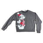 Second Half Supply Co, LLC heather gray Mickey Mouse Christmas sweatshirt with Santa hat and striped scarf graphic