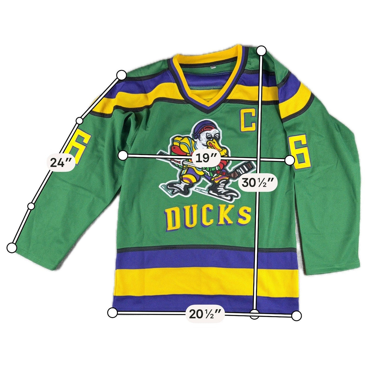 Second Half Supply Co, LLC green Charlie Conway #96 Mighty Ducks hockey jersey with embroidered duck graphic