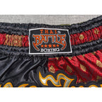 Second Half Supply Co, LLC Thai Battle Boxing Muay Thai shorts featuring black satin and red gold brocade waistband