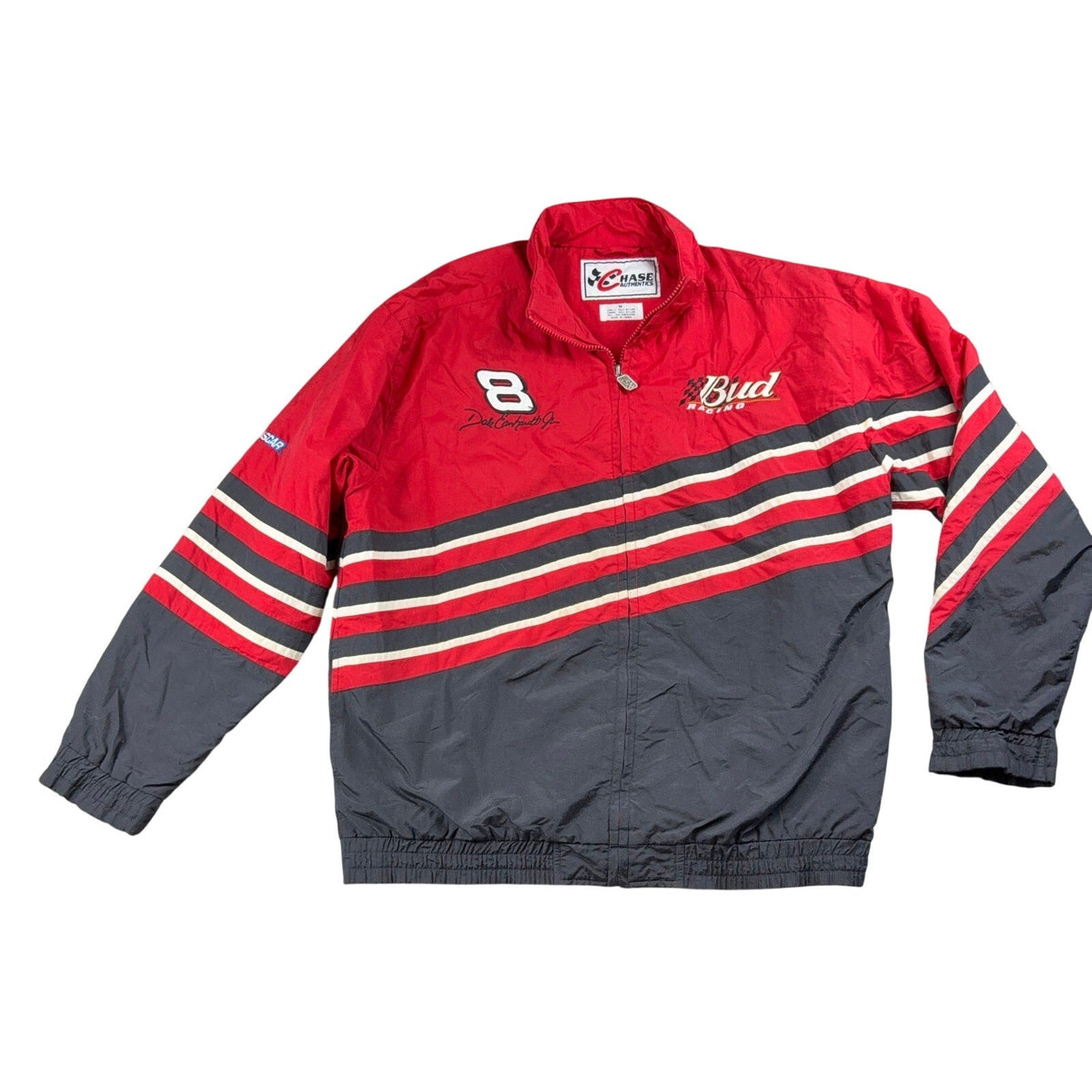 Second Half Supply Co, LLC vintage Dale Earnhardt Jr #8 Budweiser NASCAR racing jacket in red, black, and white nylon.