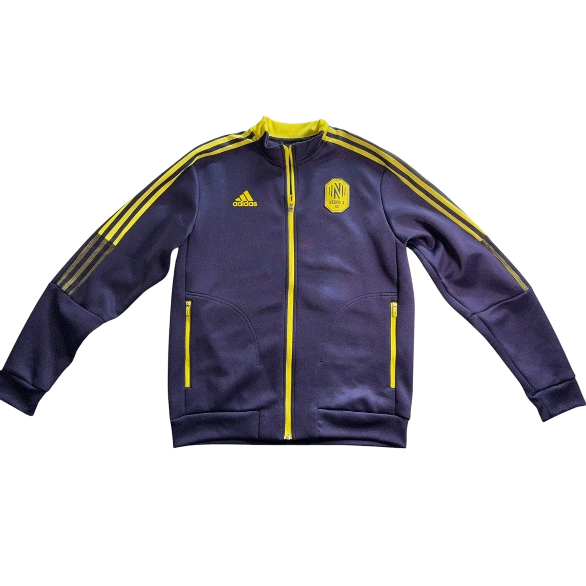 Second Half Supply Co, LLC Adidas Nashville SC navy and yellow full-zip soccer anthem track jacket with 3-stripe detail