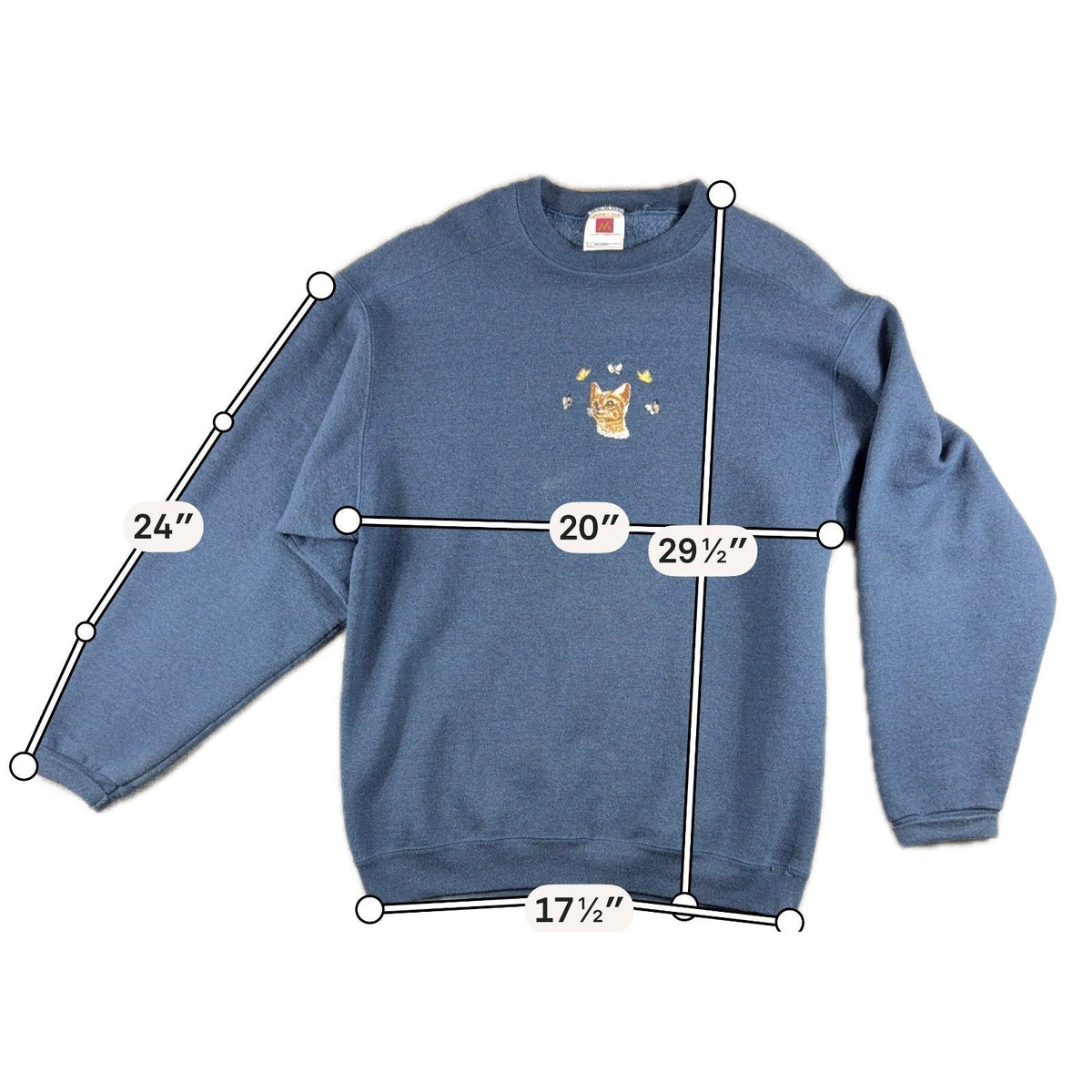 Second Half Supply Co, LLC navy blue crewneck sweatshirt with embroidered orange kitten and butterflies, size Large.