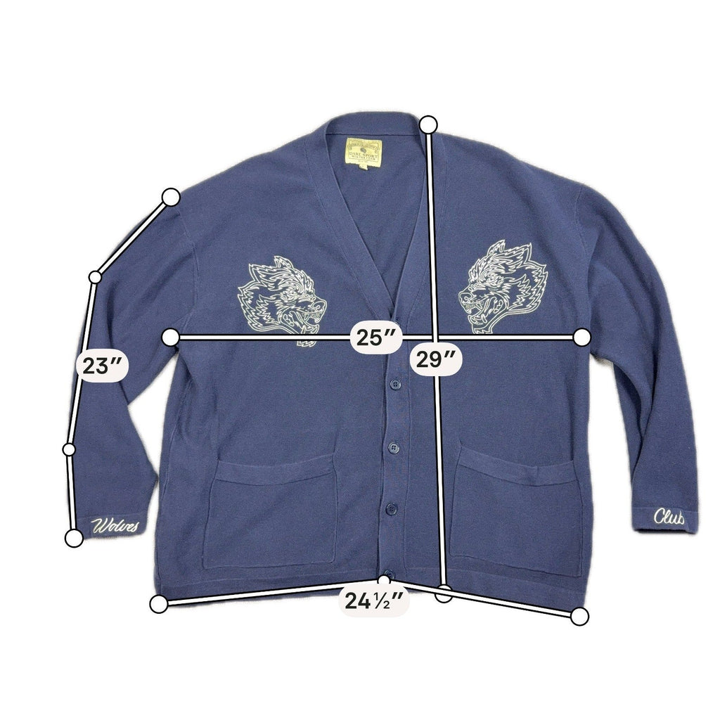Second Half Supply Co, LLC navy Darc Sport Wolves Club cardigan with pale-yellow wolf embroidery and measurement guides