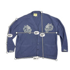 Second Half Supply Co, LLC navy Darc Sport Wolves Club cardigan with pale-yellow wolf embroidery and measurement guides