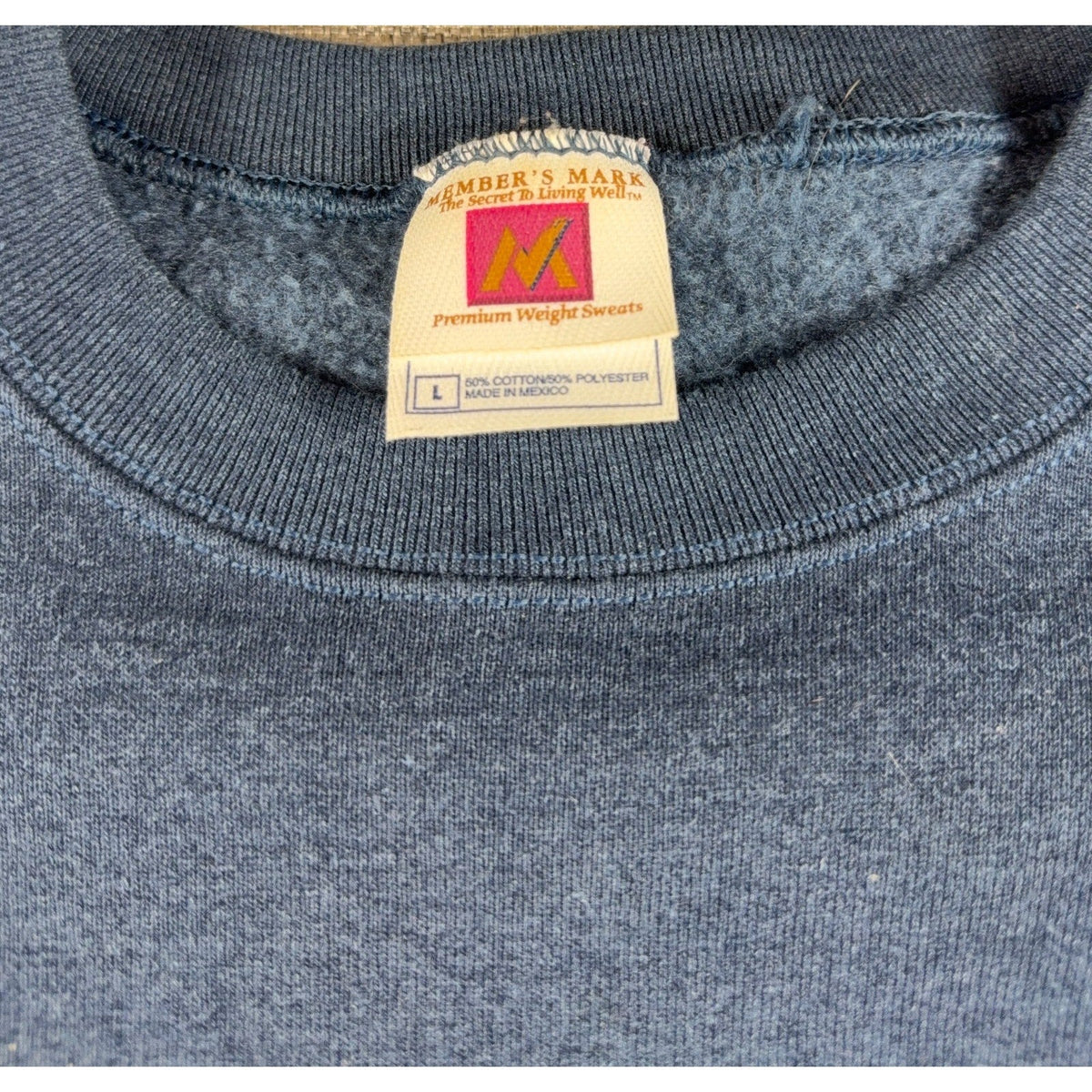 Second Half Supply Co, LLC navy blue Member's Mark sweatshirt interior neck label showing size Large and fabric blend
