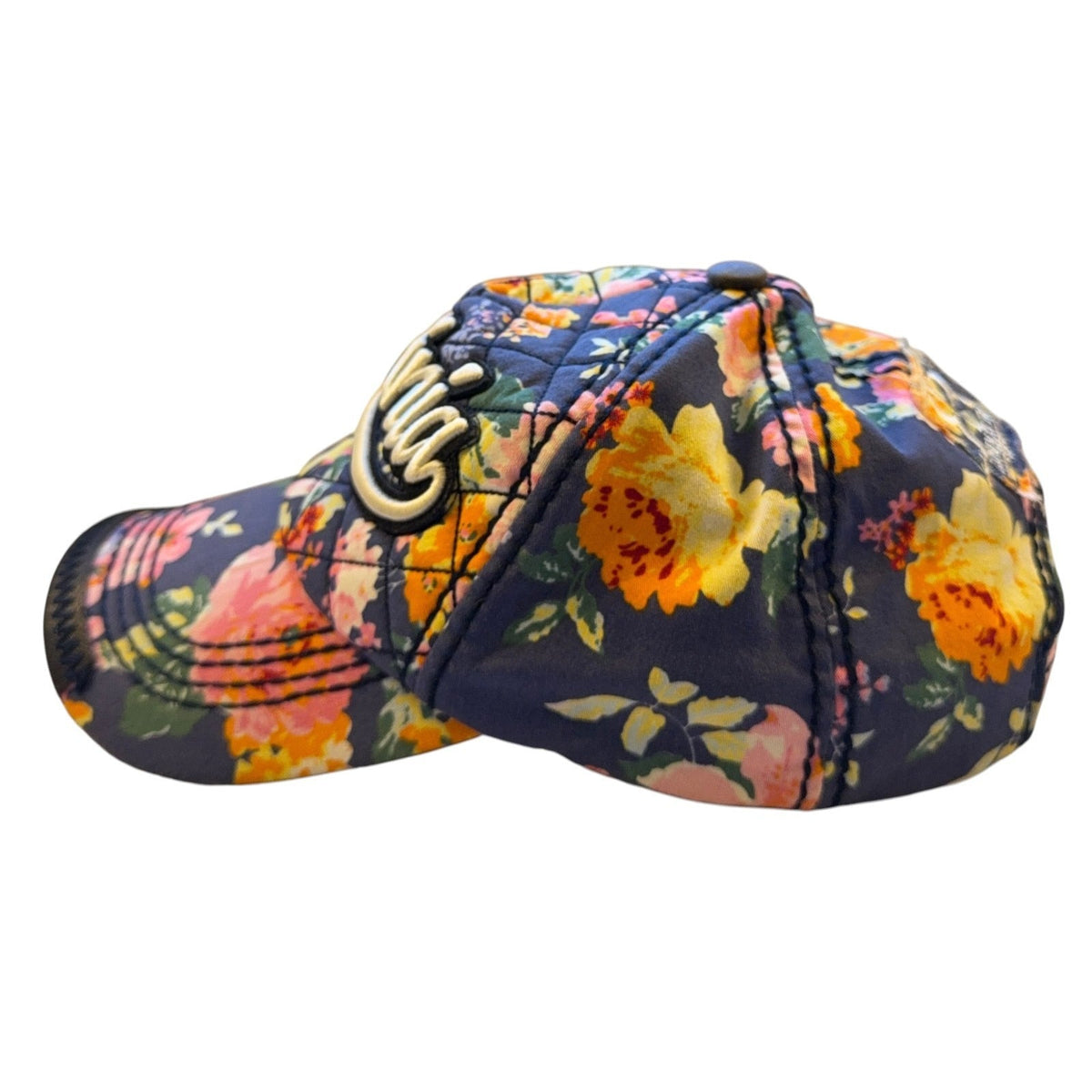Second Half Supply Co, LLC navy quilted cotton baseball cap with floral print and raised cream Virginia script