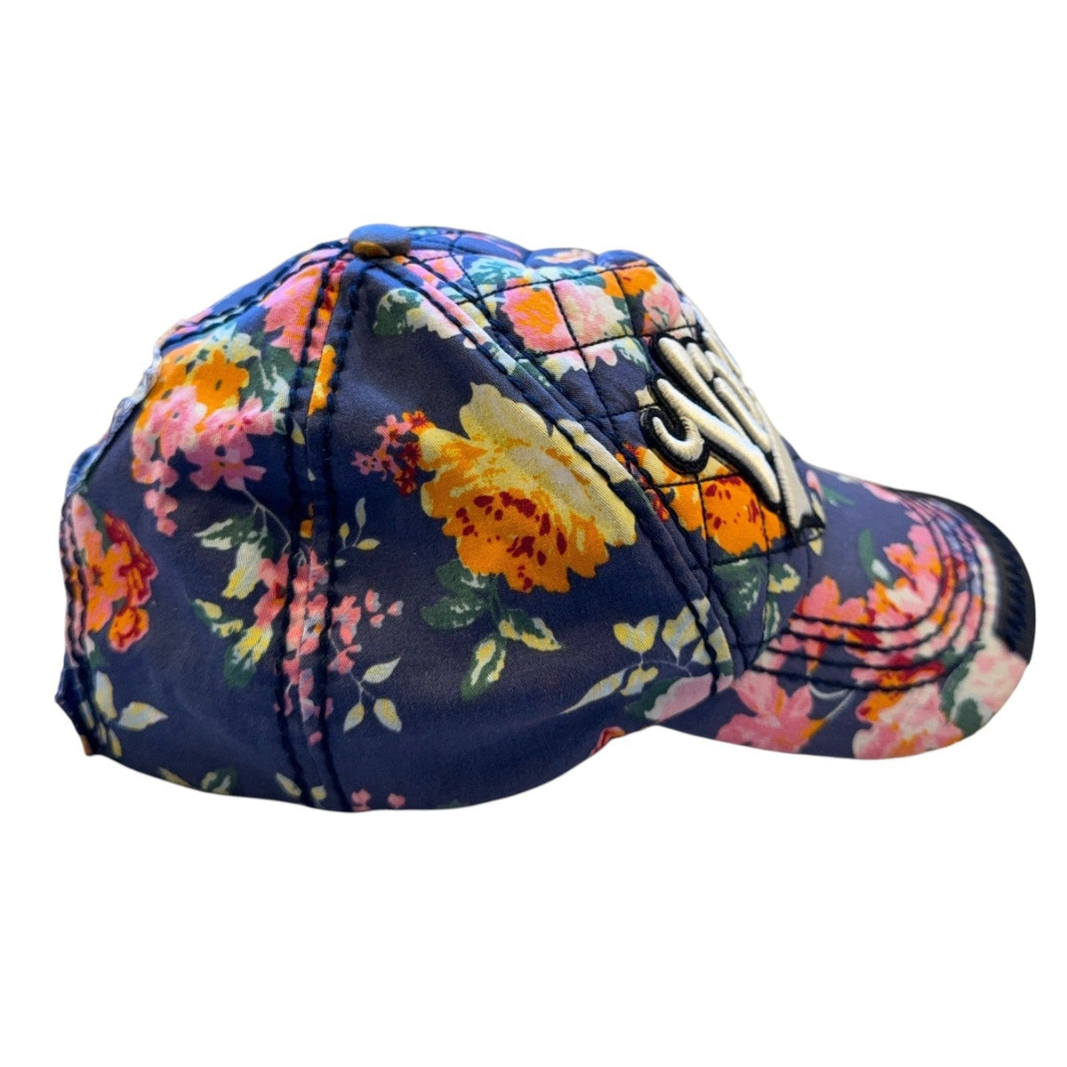 Second Half Supply Co, LLC navy quilted cotton baseball cap with floral print and Virginia script embroidery