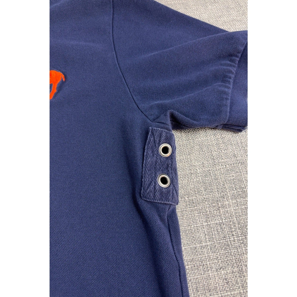 Second Half Supply Co, LLC navy blue cotton polo shirt featuring underarm metal grommet vents and herringbone detail