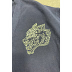 Second Half Supply Co, LLC navy knit cardigan featuring a detailed pale-yellow embroidered wolf head logo.