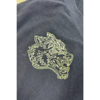 Second Half Supply Co, LLC navy knit cardigan featuring a detailed pale-yellow embroidered wolf head logo