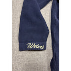 Second Half Supply Co, LLC navy knit cardigan sleeve with cream Wolves embroidery on the cuff