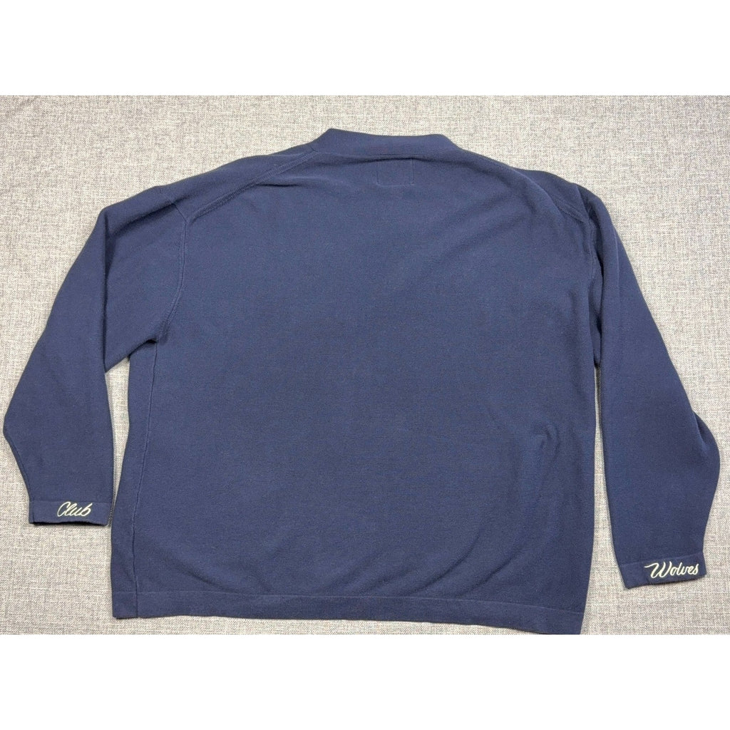 Second Half Supply Co, LLC navy knit cardigan featuring Wolves Club script embroidery on the sleeve cuffs