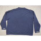 Second Half Supply Co, LLC navy knit cardigan featuring Wolves Club script embroidery on the sleeve cuffs