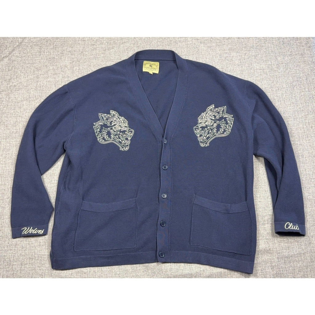 Second Half Supply Co, LLC navy Darc Sport Wolves Club cardigan with pale yellow wolf head embroidery and button front