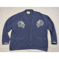 Second Half Supply Co, LLC navy Darc Sport Wolves Club cardigan with pale yellow wolf head embroidery and button front