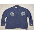 Second Half Supply Co, LLC navy Darc Sport Wolves Club cardigan with pale yellow wolf head embroidery and button front