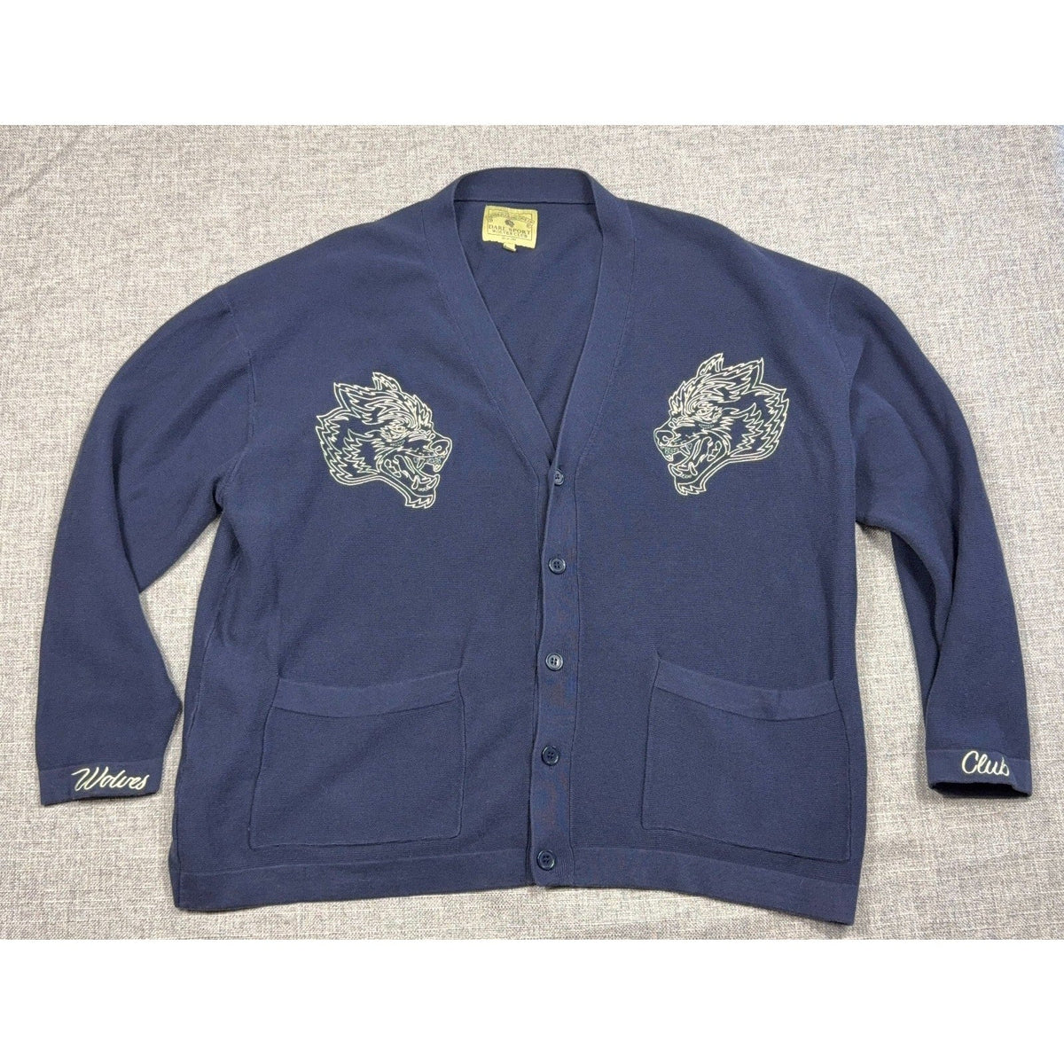 Second Half Supply Co, LLC navy Darc Sport Wolves Club cardigan with pale yellow wolf head embroidery and button front