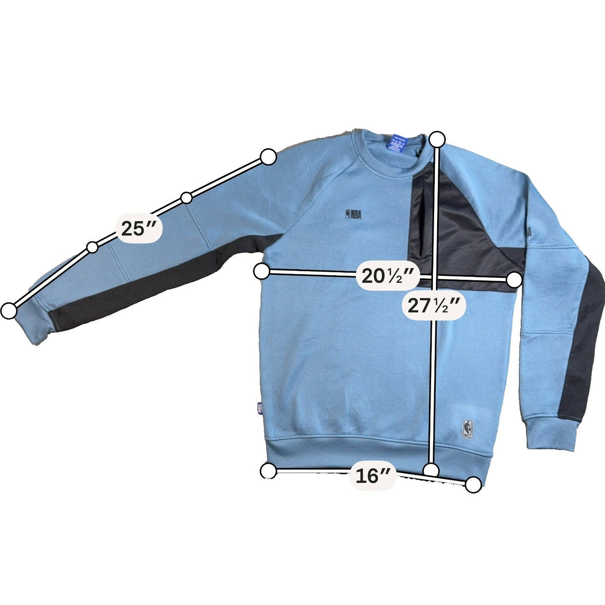 Second Half Supply Co, LLC blue and black colorblock NBA crewneck fleece sweatshirt with utility pocket and measurements