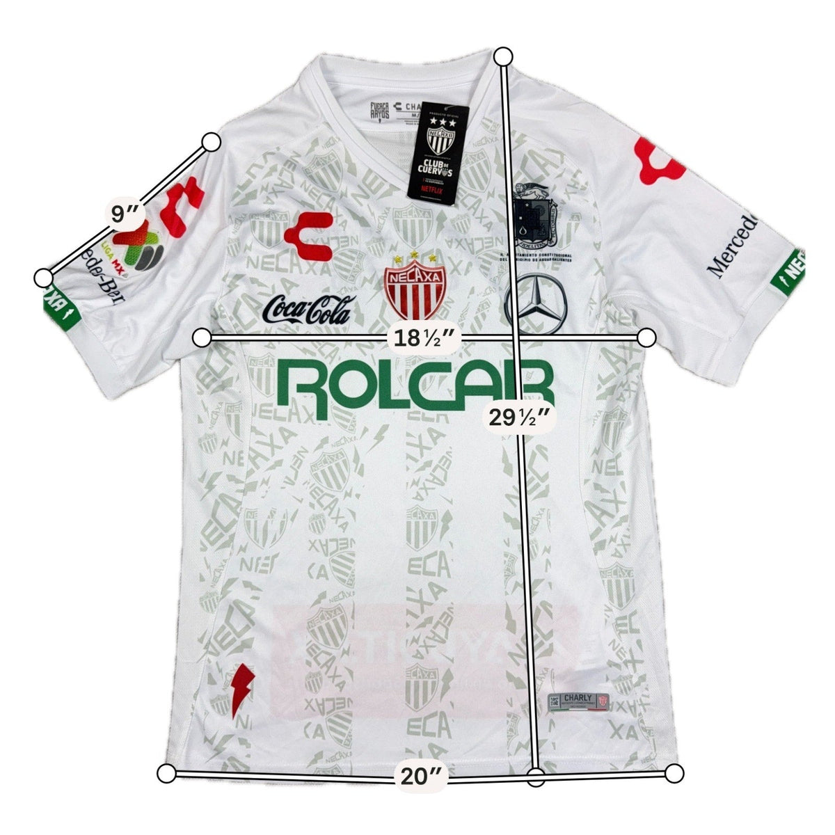 Second Half Supply Co, LLC white and light-gray Charly Necaxa 2019/20 home jersey with Netflix Club de Cuervos tag