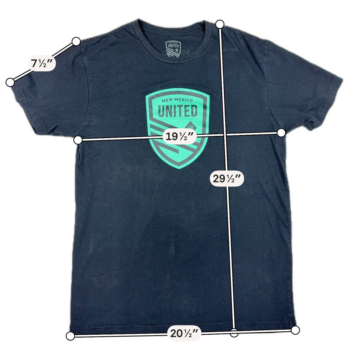 Second Half Supply Co, LLC black New Mexico United soccer t-shirt with turquoise club shield graphic on front
