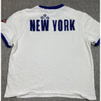 Second Half Supply Co, LLC cream cotton ringer t-shirt with royal blue trim and embroidered New York back design