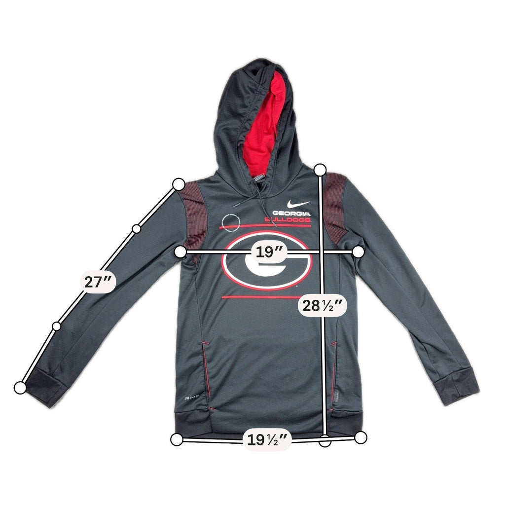Second Half Supply Co, LLC Nike Georgia Bulldogs Dri-FIT black and red performance hoodie with measurement overlays