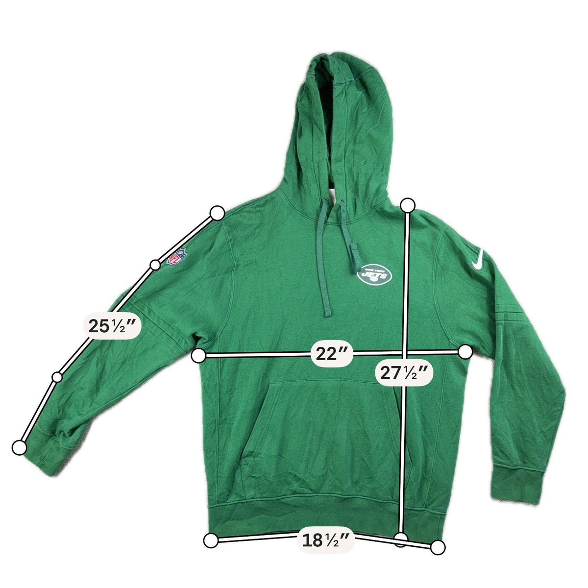 Second Half Supply Co, LLC green Nike New York Jets NFL pullover hoodie with kangaroo pocket and sleeve patches