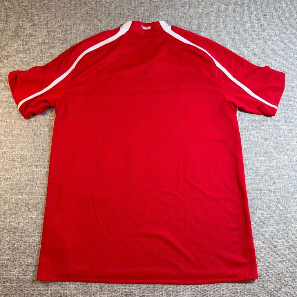 Back view of Second Half Supply Co, LLC Nike 2008 Türkiye national soccer jersey in red with white shoulder stripes.