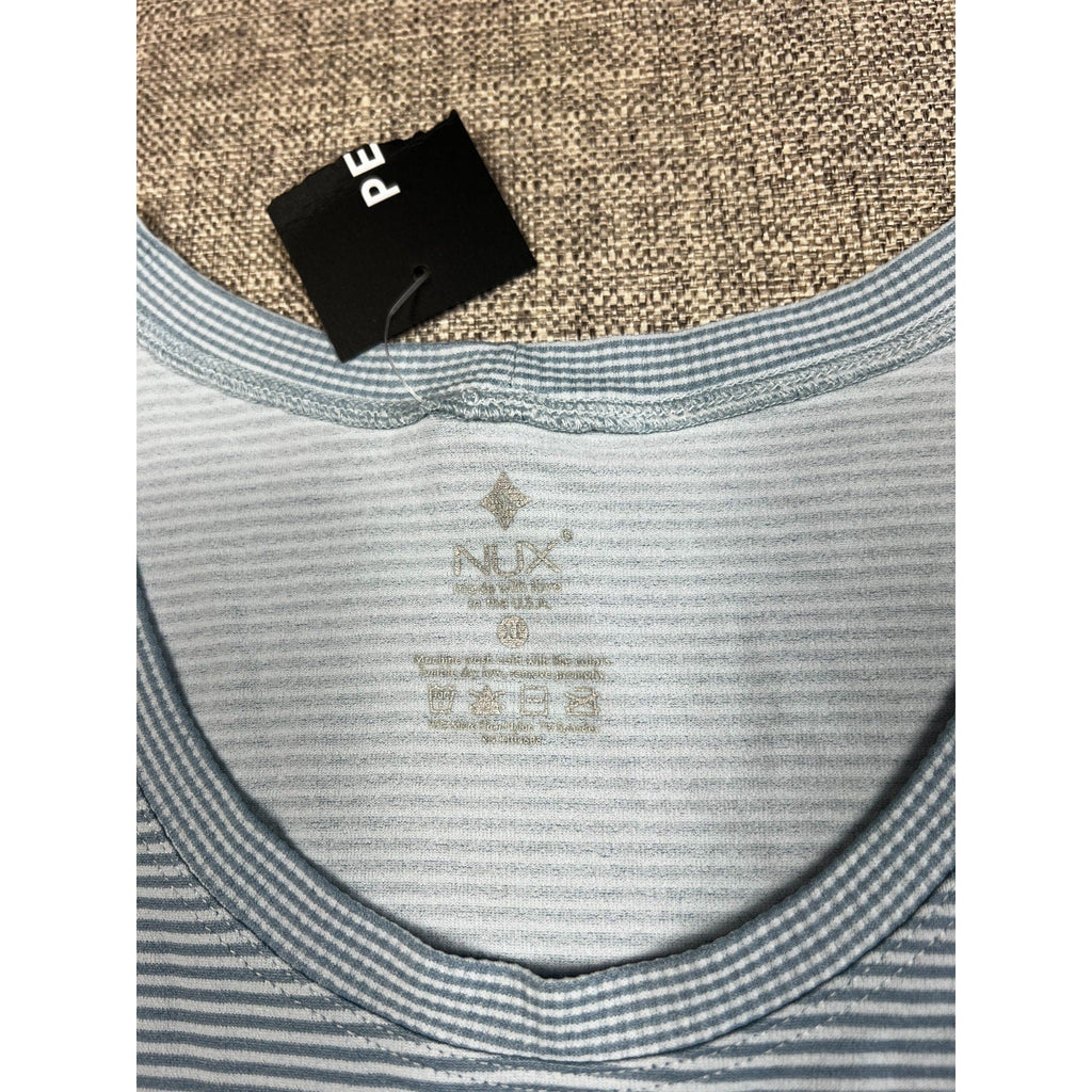 Second Half Supply Co, LLC NUX x Peloton blue and white microstripe workout tank top with scoop neckline and tag