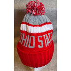 Second Half Supply Co, LLC Ohio State knit beanie in scarlet, gray, and white with a pom pom and ribbed cuff.