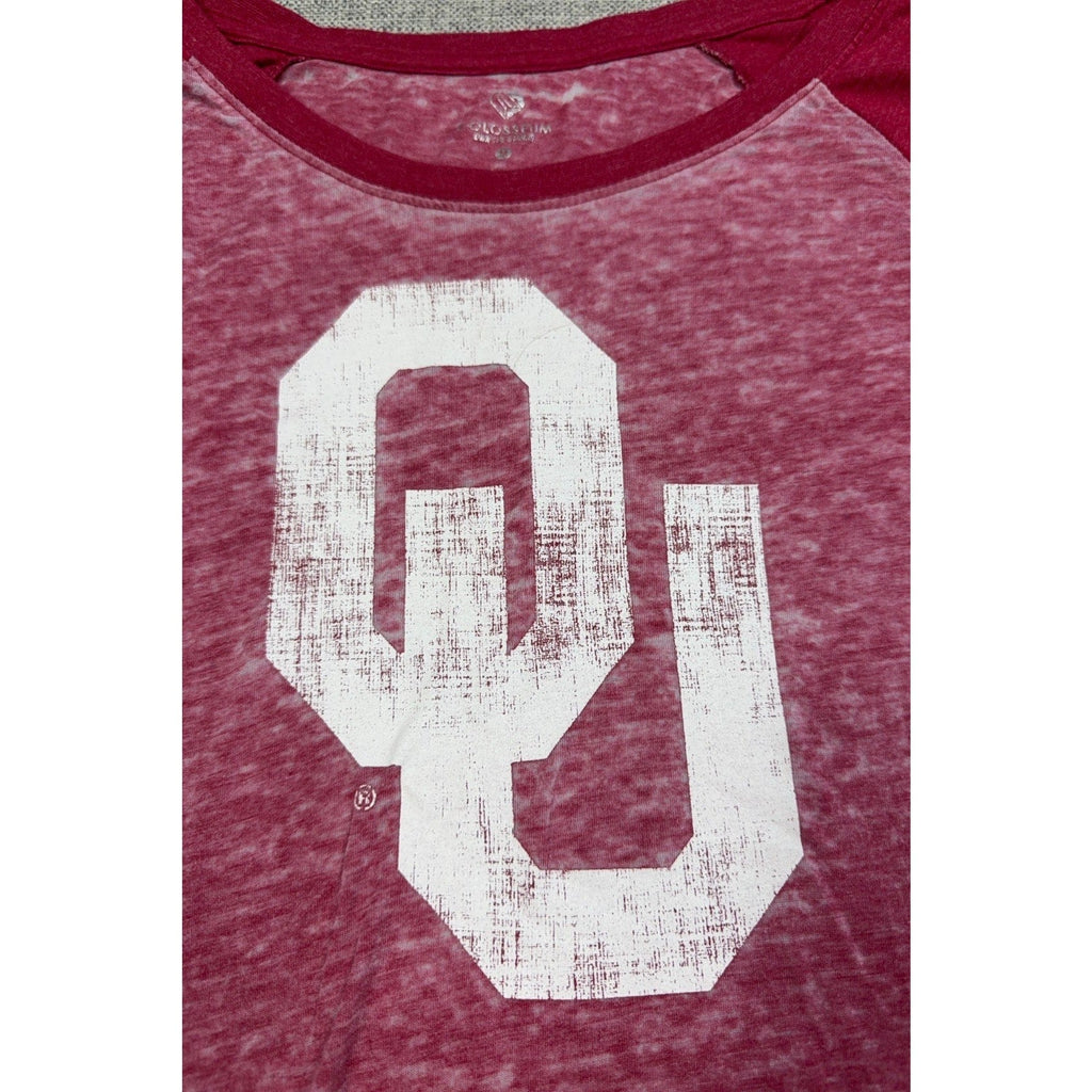 Second Half Supply Co, LLC crimson Oklahoma Sooners long sleeve shirt with a white distressed OU logo and burnout fabric
