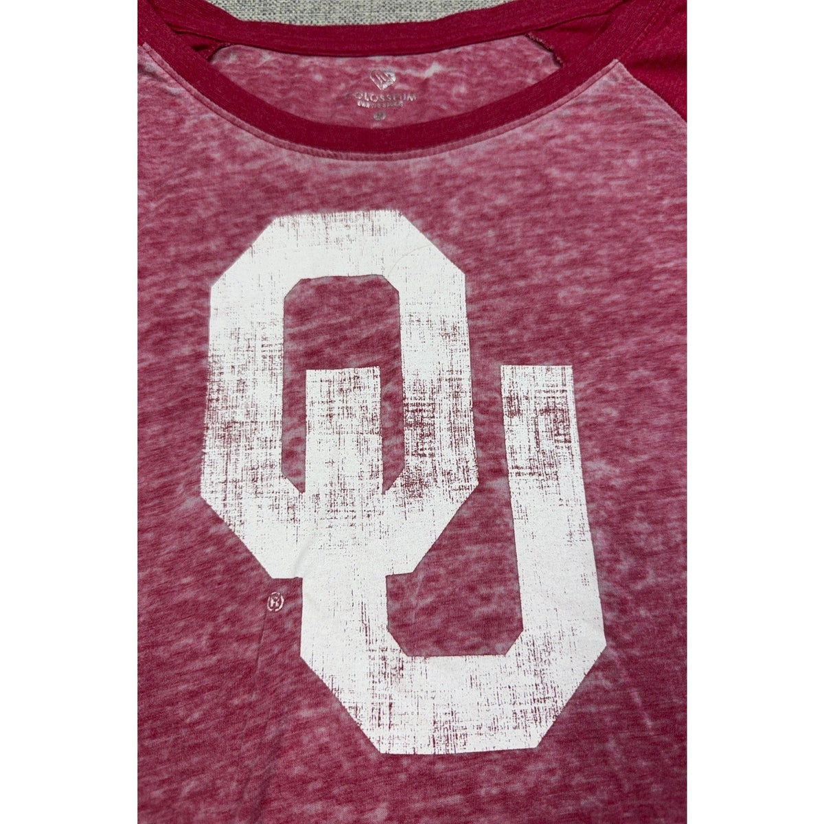 Second Half Supply Co, LLC crimson Oklahoma Sooners long sleeve shirt with a white distressed OU logo and burnout fabric
