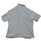 Second Half Supply Co, LLC blue and cream vertical striped short sleeve button-up shirt, back view