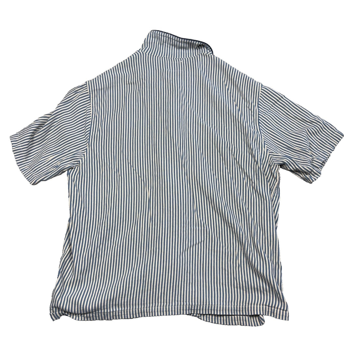 Second Half Supply Co, LLC blue and cream vertical striped short sleeve button-up shirt, back view