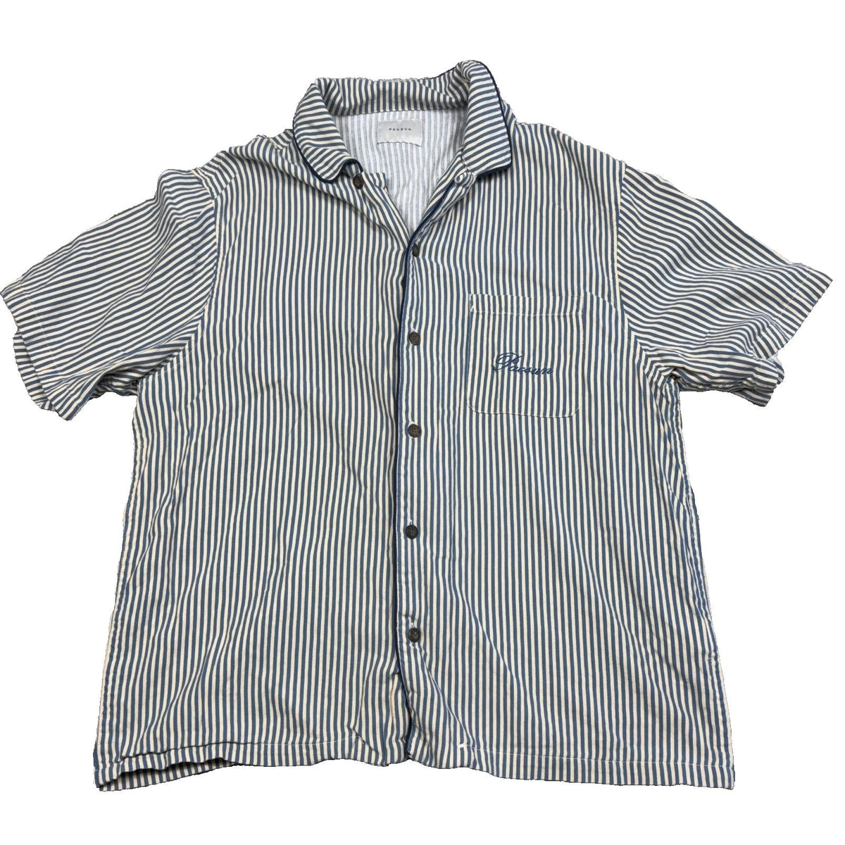 Second Half Supply Co, LLC PacSun blue and cream vertical striped short sleeve button-up shirt with chest embroidery