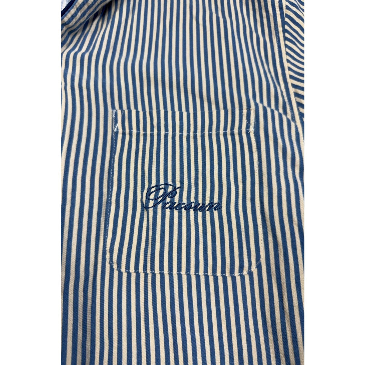 Second Half Supply Co, LLC PacSun blue and cream vertical striped short sleeve shirt with embroidered chest pocket